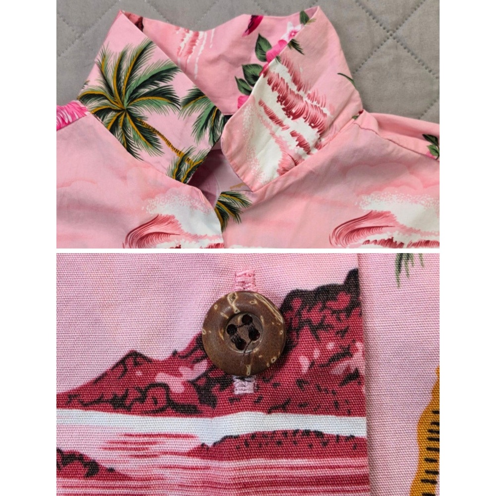 Hawaiian Tropical Aloha Flamingo Button Up Shirt Pink Womens M Puanani - Picture 2 of 7